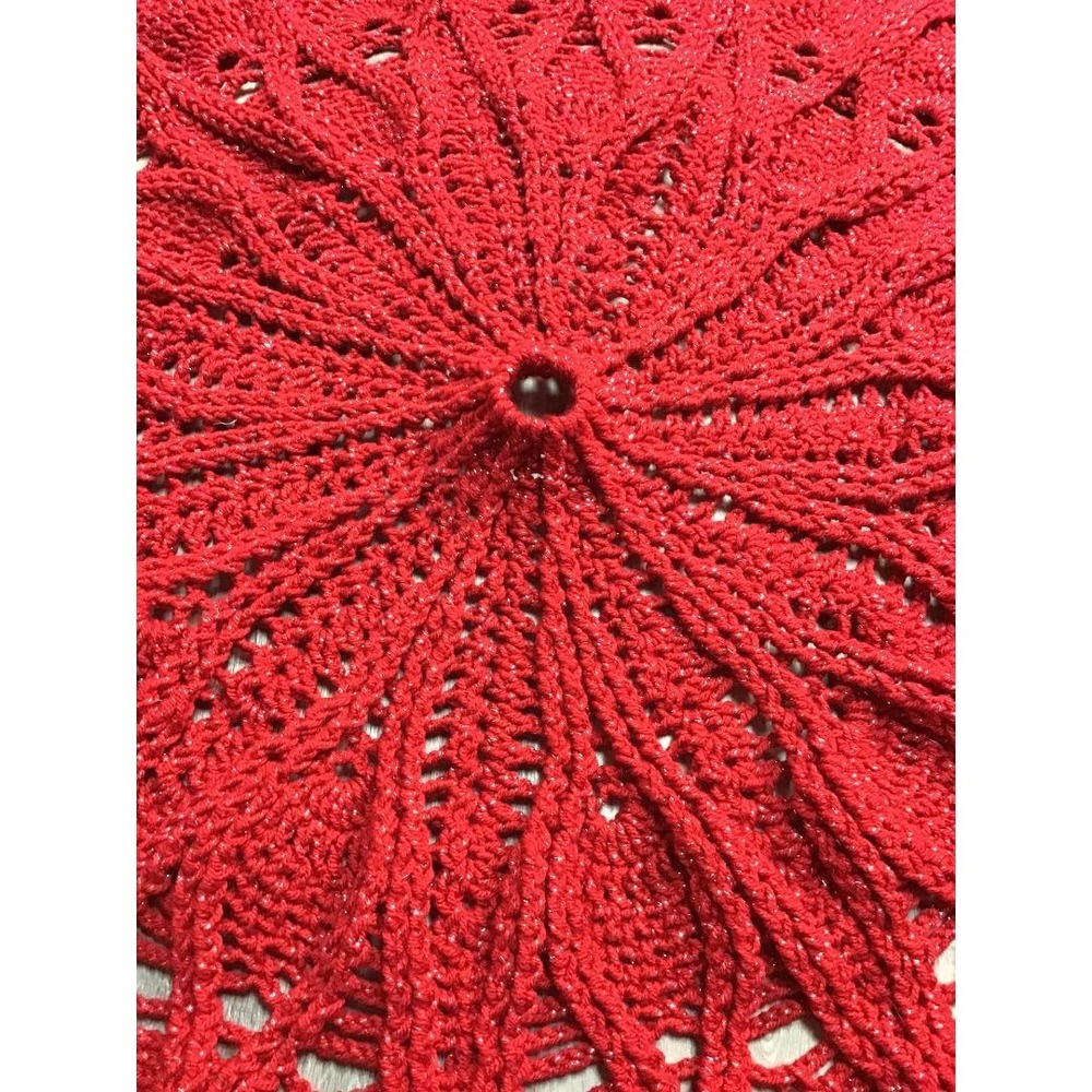 Vintage Handmade Red Crochet Christmas Tree Skirt Metallic Pineapple Lace 40in - Picture 5 of 8